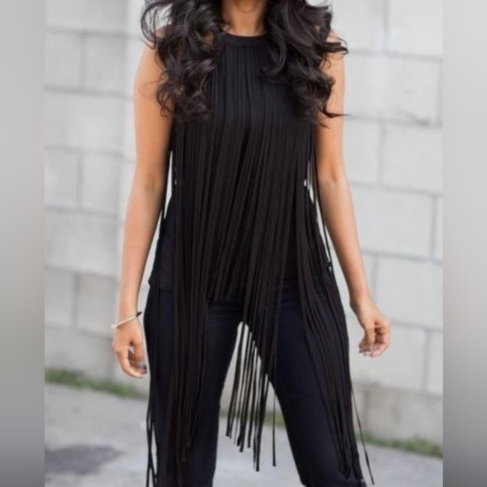 Torn By Ronny Kobo Fringe Black Sleeveless Tank Top